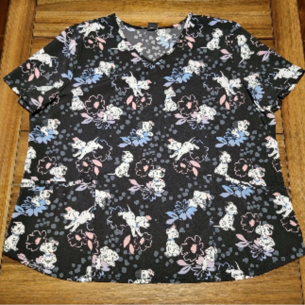 Disney Short Sleeve Scrub V-Neck Top - Black with Pink & Blue  Dalmatian Print